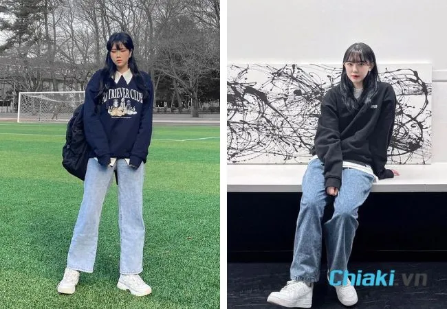 Mix đồ với gi&agrave;y sneaker nữ + quần jeans + &aacute;o hoodie/sweater