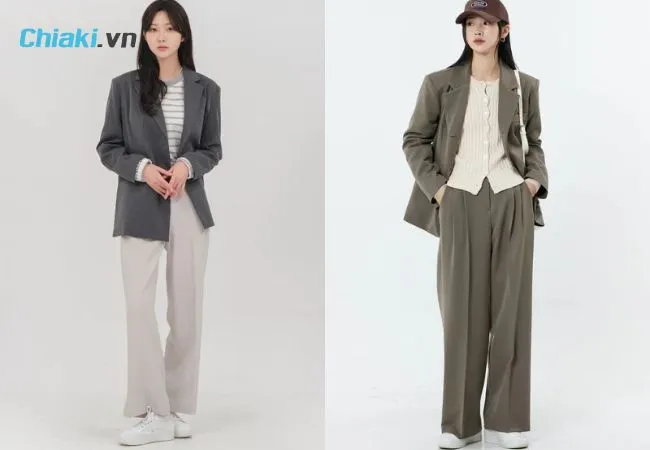 Phối Blazer + &aacute;o thun c&ugrave;ng gi&agrave;y thể thao trắng nữ