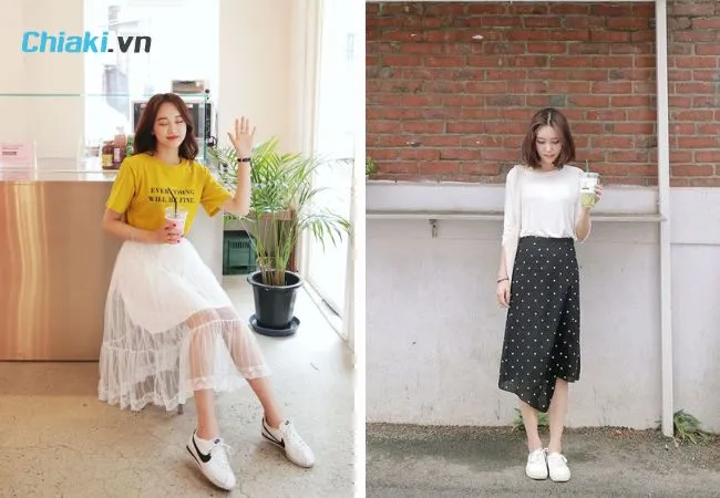 Phối ch&acirc;n v&aacute;y d&agrave;i c&ugrave;ng gi&agrave;y thể thao trắng nữ