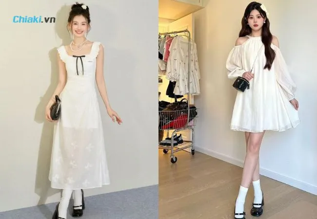 Phối đồ với gi&agrave;y b&uacute;p b&ecirc; đen với đầm trắng nhẹ nh&agrave;ng, tiểu thư