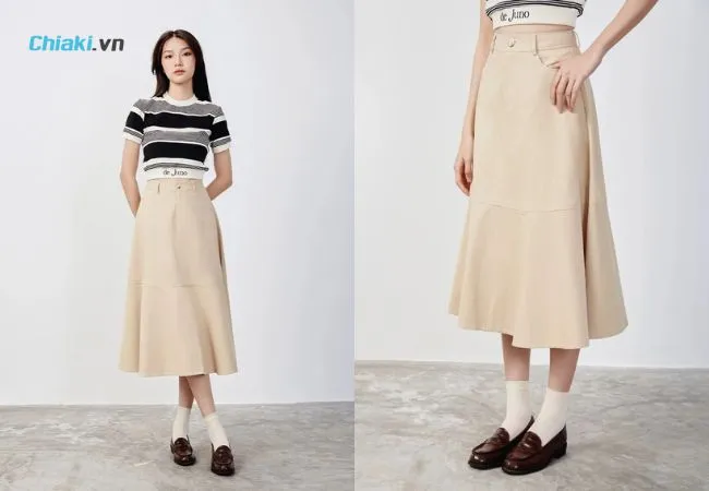 Phối đồ với gi&agrave;y b&uacute;p b&ecirc; nữ v&agrave; ch&acirc;n v&aacute;y midi x&ograve;e che đi được c&aacute;c khuyết điểm tr&ecirc;n cơ thể