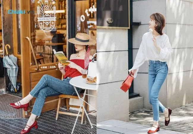 Phối đồ với gi&agrave;y Mary Jane đế cao với quần jeans skinny vừa thời trang, hiện đại