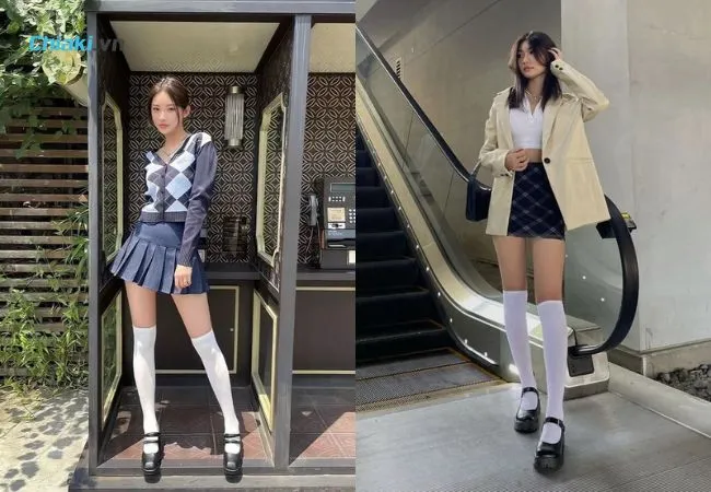 Phối đồ với gi&agrave;y Mary Jane với v&aacute;y v&agrave; tất cao cổ&nbsp;đậm phong c&aacute;ch retro cổ điển.