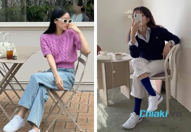 Phối đồ với gi&agrave;y sneaker nữ + quần jeans/kaki + &aacute;o len