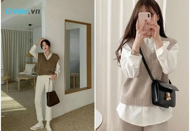 Phối đồ với gi&agrave;y thể thao nữ trắng, set &aacute;o sơ mi v&agrave; gile len