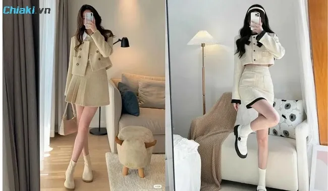Mix giày búp b&ecirc; c&ugrave;ng áo dạ tweed dáng ngắn phong c&aacute;ch thời trang