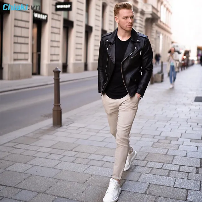 Phối gi&agrave;y sneaker nam với &aacute;o kho&aacute;c da