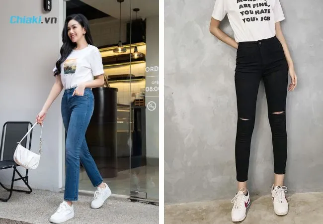 Phối gi&agrave;y trắng nữ c&ugrave;ng quần skinyfat