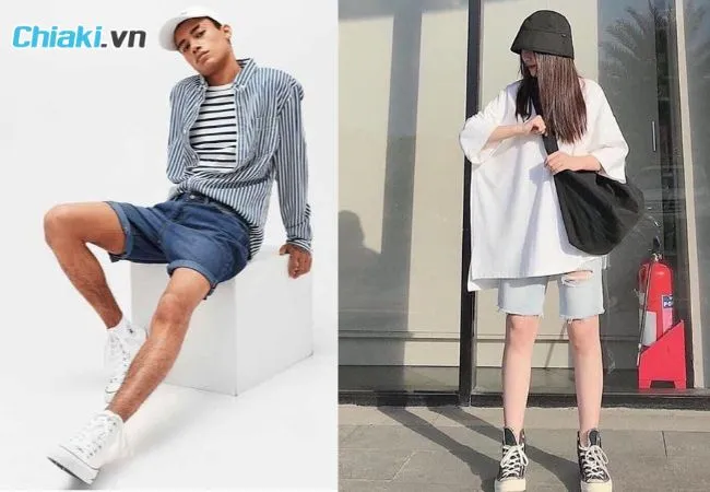 Sơ mi hoặc &aacute;o ph&ocirc;ng v&agrave; quần short jean c&ugrave;ng Converse cổ cao