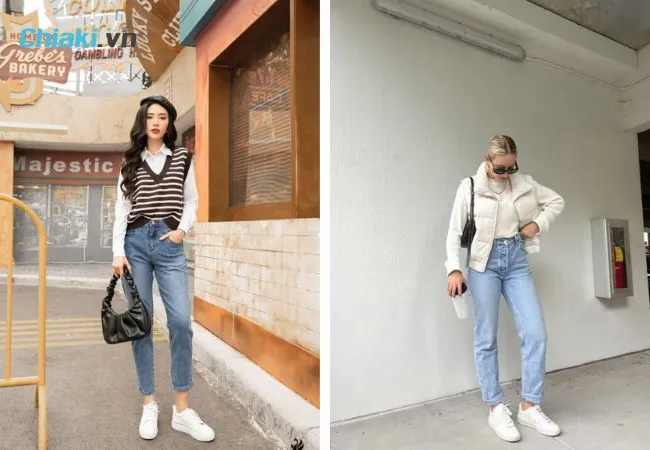 S&agrave;nh điệu với gi&agrave;y thể thao trắng c&ugrave;ng quần jean v&agrave; &aacute;o gile