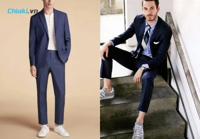 Phối gi&agrave;y thể thao họa tiết với vest m&agrave;u xanh đậm tạo được phong c&aacute;ch ho&agrave;n to&agrave;n ri&ecirc;ng biệt.&nbsp;