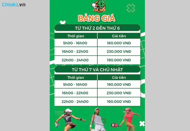 bảng gi&aacute; s&acirc;n pickleball Ho&agrave;ng Quốc Việt