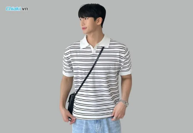 &Aacute;o Polo nam form rộng kẻ