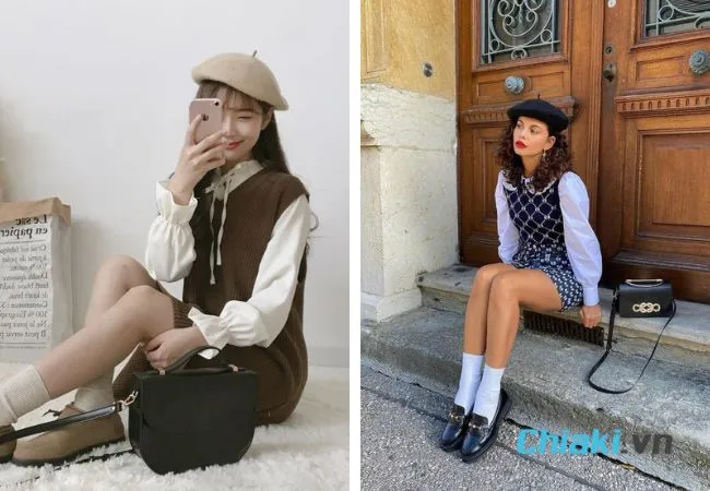 Mix mũ nồi với v&aacute;y vintage