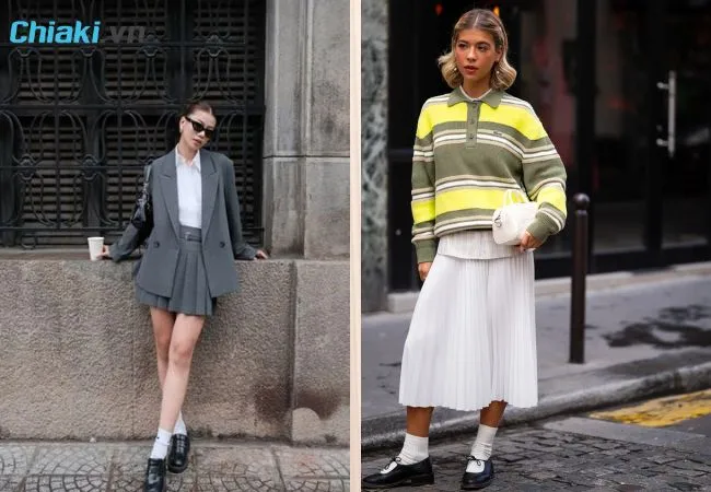 Phối &aacute;o polo nữ với blazer v&agrave; ch&acirc;n v&aacute;y midi