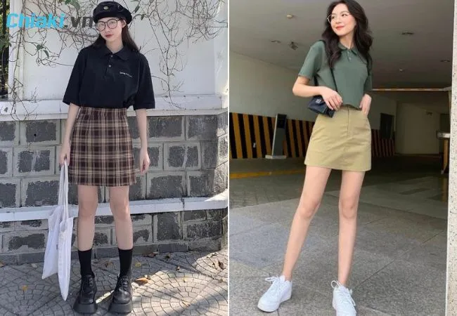 Phối &aacute;o polo với ch&acirc;n v&aacute;y chữ A d&aacute;ng ngắn