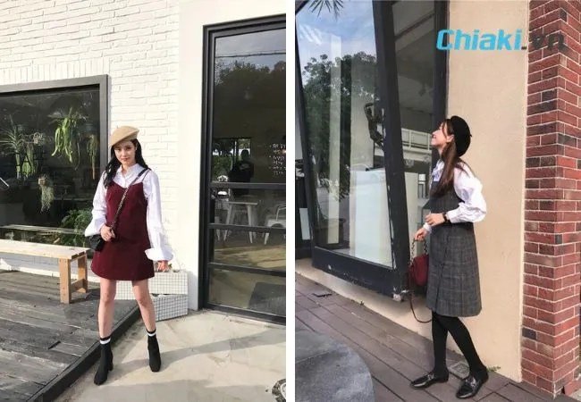Phối đồ với mũ beret nữ v&agrave; v&aacute;y yếm
