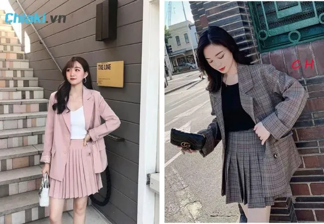 &Aacute;o kho&aacute;c blazer phối với ch&acirc;n v&aacute;y tennis