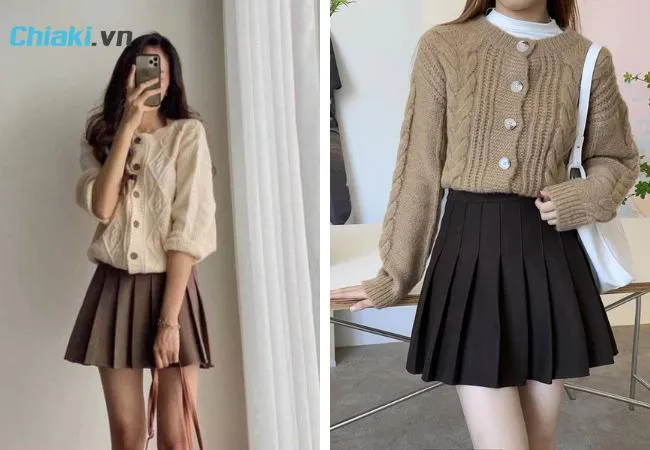 Ch&acirc;n v&aacute;y tennis phối c&ugrave;ng &aacute;o kho&aacute;c len cardigan