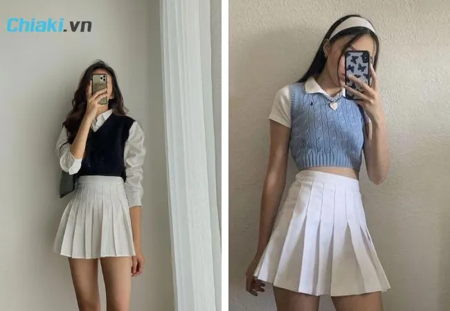 Phối &aacute;o len gile c&ugrave;ng ch&acirc;n v&aacute;y tennis