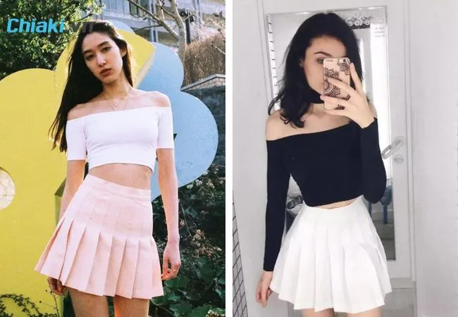 Phối &aacute;o trễ vai c&ugrave;ng ch&acirc;n v&aacute;y tennis