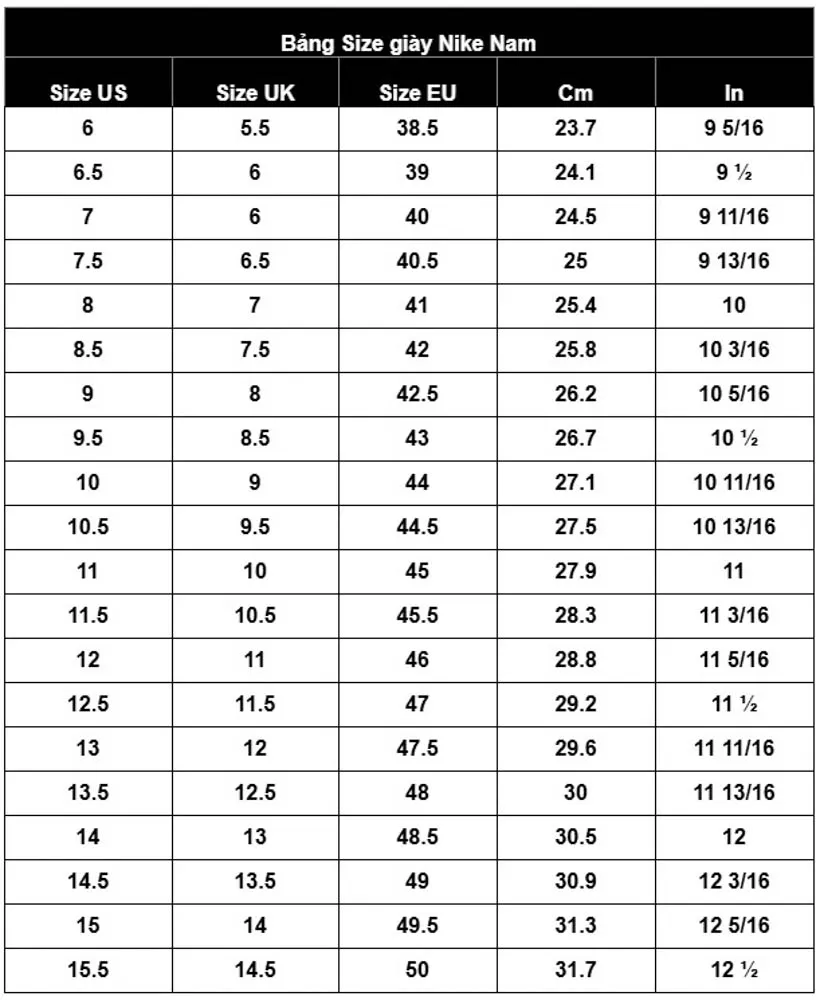Tham khảo bảng size gi&agrave;y quốc tế cho nam