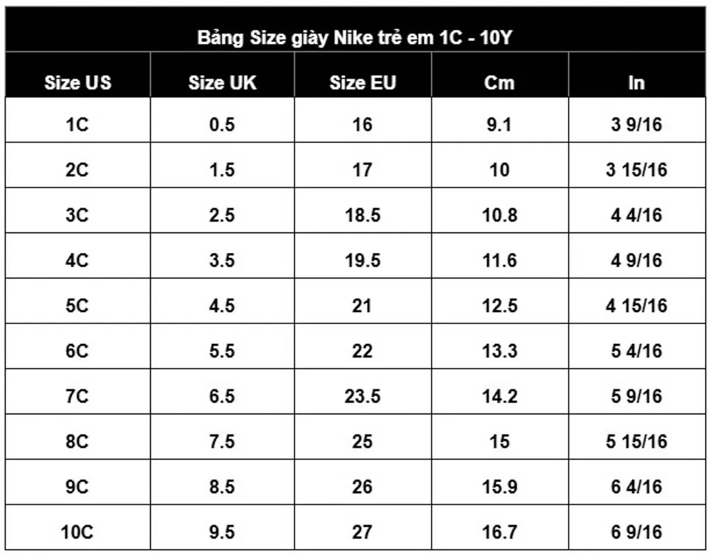 Size gi&agrave;y cho b&eacute; từ 1C-10C