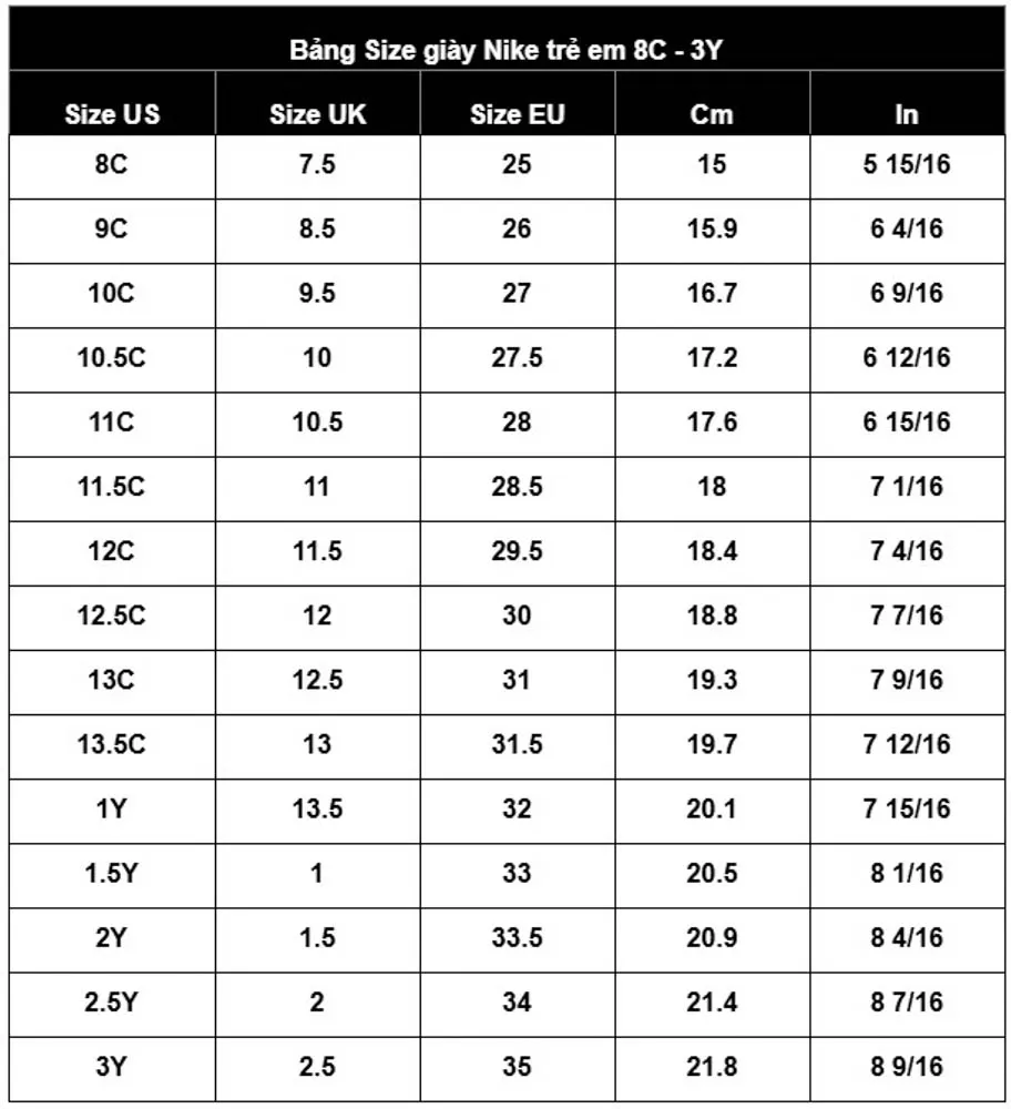 Bảng số đo gi&agrave;y Nike cho trẻ em từ 8C-3Y
