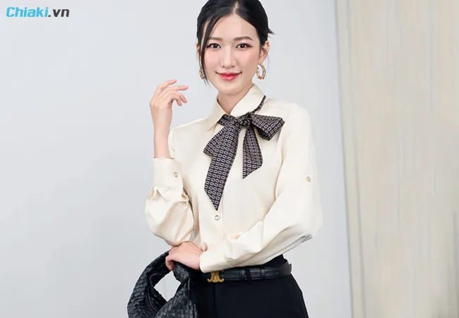 &Aacute;o sơ mi c&ocirc;ng sở nữ kiểu H&agrave;n Quốc thắt nơ