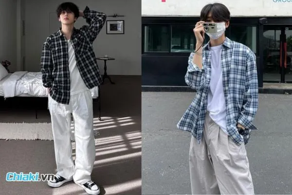 &Aacute;o sơ mi d&aacute;ng rộng kẻ caro kho&aacute;c ngo&agrave;i + &aacute;o thun trơn + quần baggy