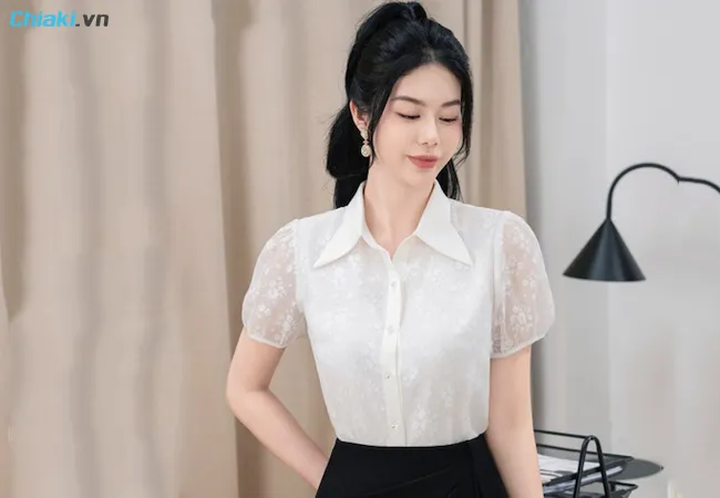 o sơ mi nữ kiểu H&agrave;n Quốc phối tơ