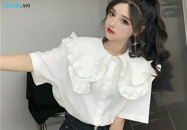 &Aacute;o sơ mi trắng nữ kiểu H&agrave;n Quốc cổ tr&ograve;n