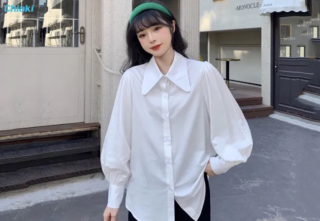 C&aacute;c kiểu &aacute;o sơ mi nữ dễ thương H&agrave;n Quốc cổ nhọn