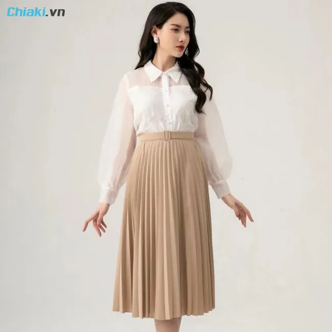 C&aacute;ch phối đồ với ch&acirc;n v&aacute;y xếp ly v&agrave; &aacute;o voan