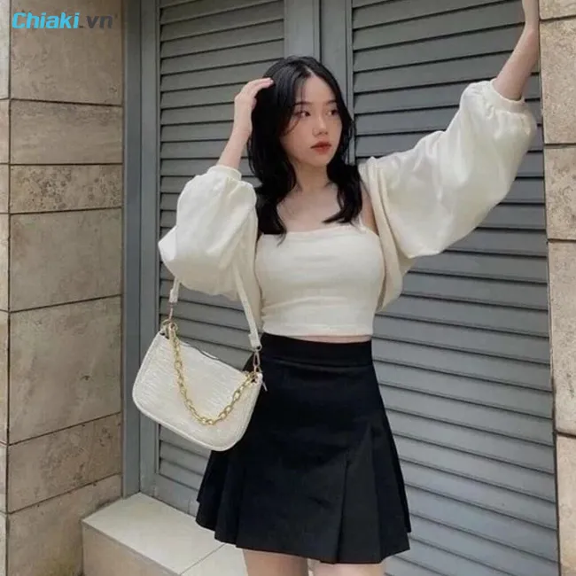 Mix ch&acirc;n v&aacute;y xếp ly v&agrave; &aacute;o tay bồng