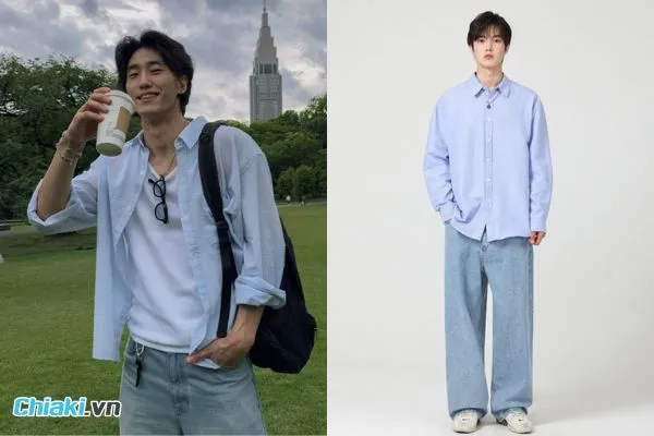 &Aacute;o sơ mi form rộng phối c&ugrave;ng quần jean