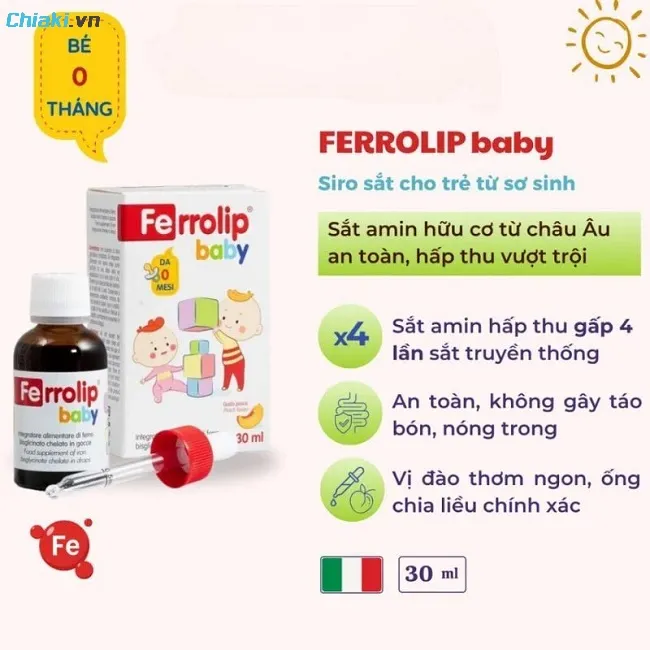 Sắt hữu cơ cho b&eacute; 6 th&aacute;ng Ferrolip Baby được chứng nhận GMP