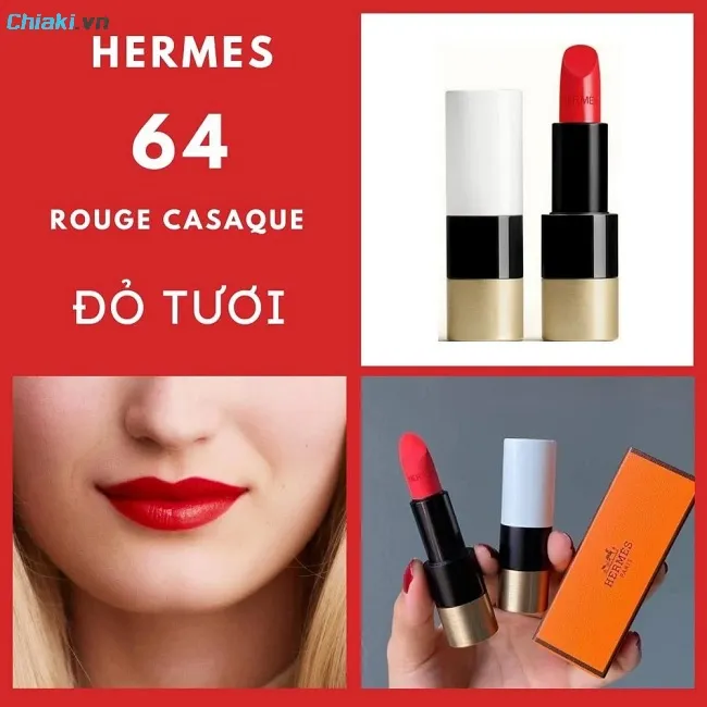 Son Hermes m&agrave;u đỏ tươi 64 Rouge Casaque Matte chất matte l&igrave; nhưng mềm như bơ, chứa dưỡng nhẹ