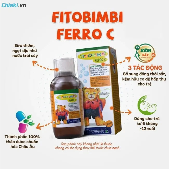 Siro vitamin C cho b&eacute; Fitobimbi Ferro C&nbsp;bổ sung sắt, kẽm, vitamin C d&agrave;nh cho trẻ em