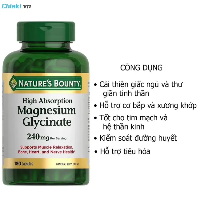 Vi&ecirc;n uống thư gi&atilde;n cơ bắp, cải thiện giấc ngủ Magie Magnesium Glycinate 240mg