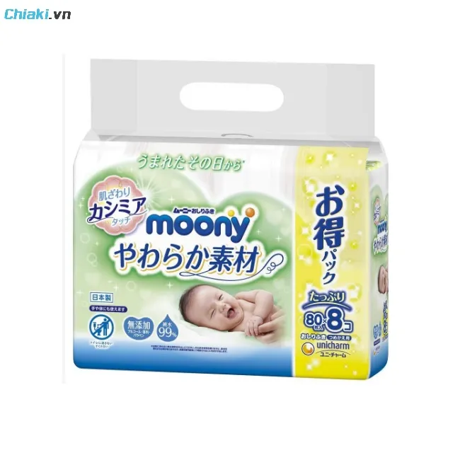 Khăn ướt cho b&eacute; của Nhật Bản Moony l&agrave;m sạch dịu nhẹ, loại bỏ bụi bẩn