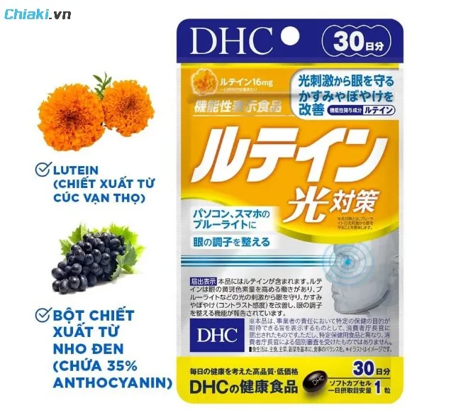 Th&agrave;nh phần của vi&ecirc;n uống chống nắng Nhật DHC chứa h&agrave;m lượng Lutein v&agrave; Vitamin E, chiết xuất nho đen