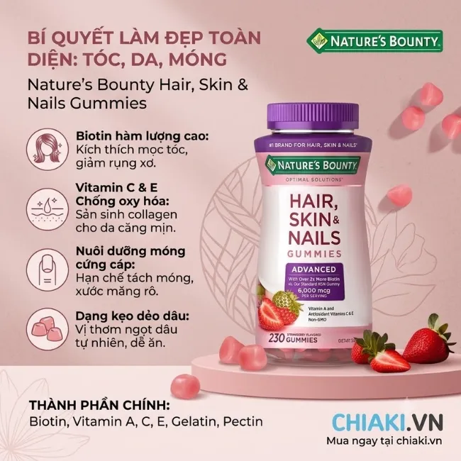 Kẹo vitamin tổng hợp Hair, Skin, Nails Gummies Nature's Bounty duy tr&igrave; m&aacute;i t&oacute;c chắc khỏe, l&agrave;n da tươi s&aacute;ng v&agrave; m&oacute;ng cứng c&aacute;p