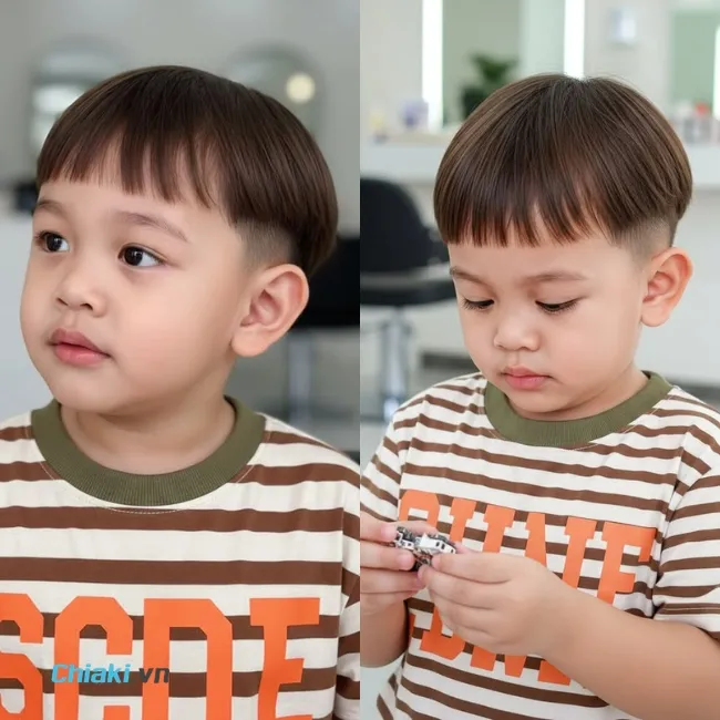 B&eacute; trai tr&aacute;n cao &iacute;t t&oacute;c cắt kiểu m&aacute;i cụp ngang ngắn