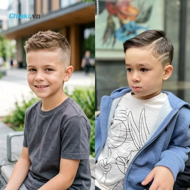 B&eacute; trai t&oacute;c mỏng cắt kiểu crew cut, đỉnh d&agrave;i hơn hai b&ecirc;n
