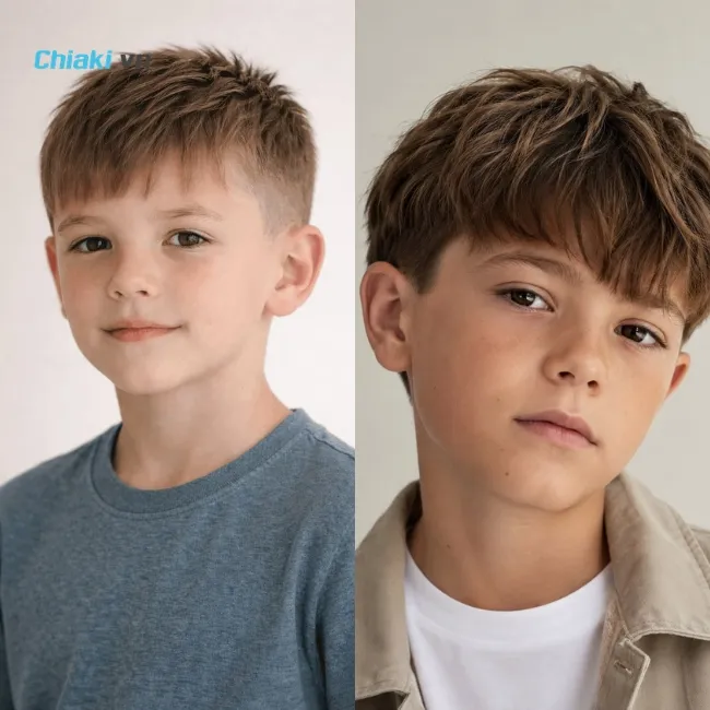 B&eacute; trai t&oacute;c thưa cắt kiểu textured crop tỉa so le phần đỉnh