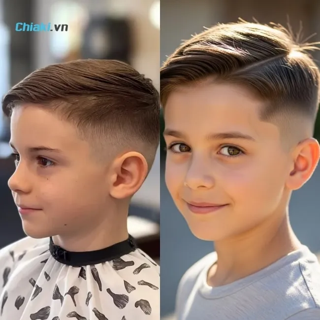 B&eacute; trai cắt kiểu taper fade, t&oacute;c ngắn dần từ đỉnh xuống mai v&agrave; g&aacute;y