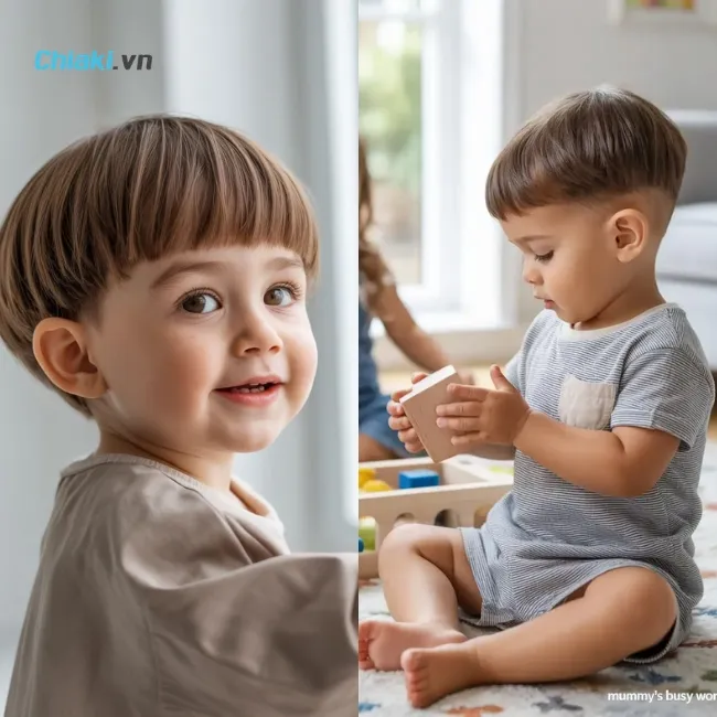 B&eacute; trai &iacute;t t&oacute;c 1 tuổi cắt kiểu đầu nấm m&aacute;i ngang