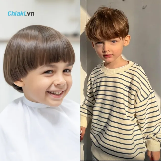 B&eacute; trai &iacute;t t&oacute;c 1 tuổi cắt kiểu đầu nấm m&aacute;i ngang