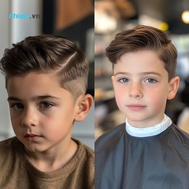 B&eacute; trai &iacute;t t&oacute;c để kiểu side part ngắn, đường ng&ocirc;i lệch r&otilde;